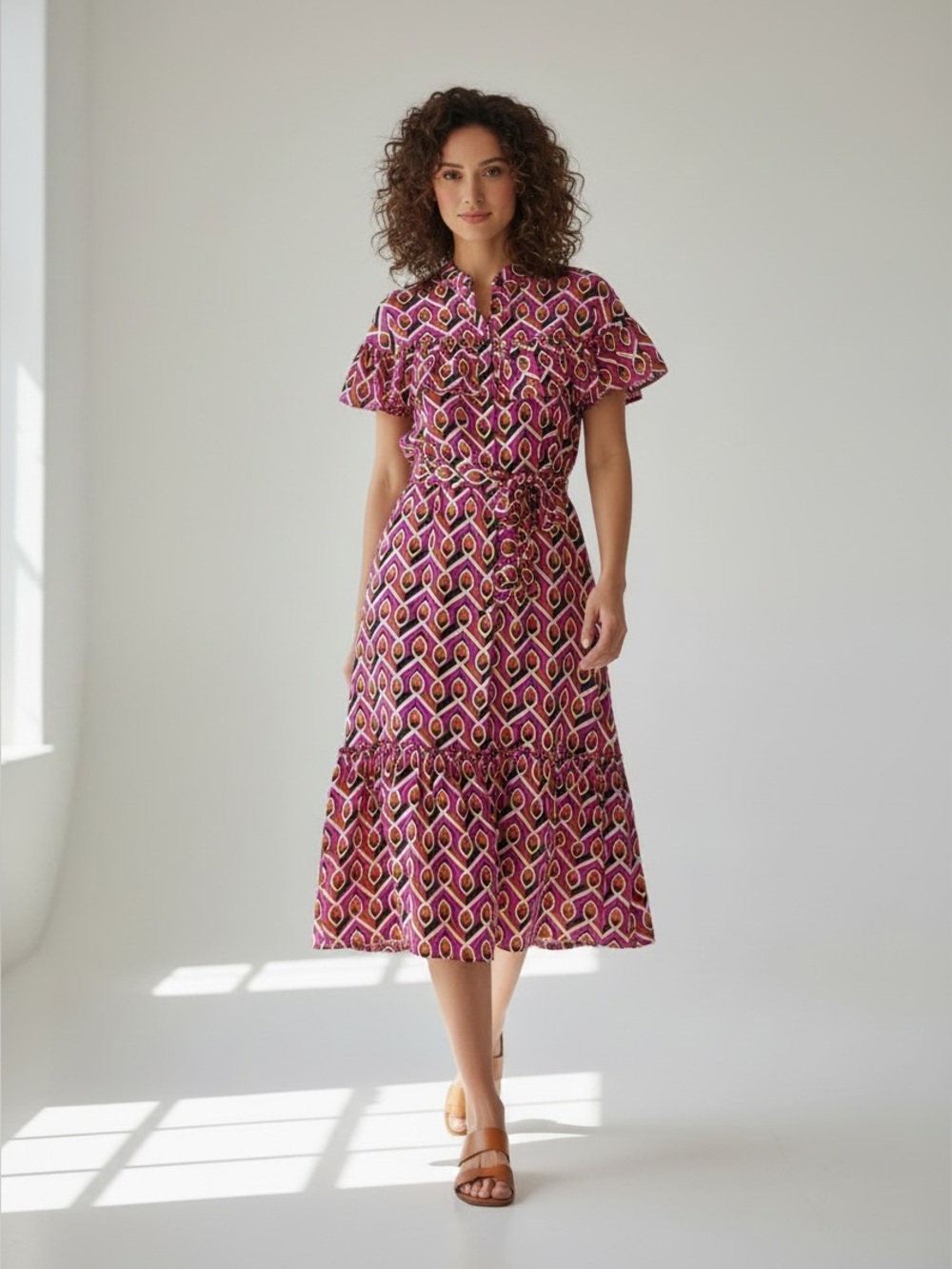 Anthropologie Corey Lynn Calter Annabel Pink Geo Ruffle Shirt Dress Maxi